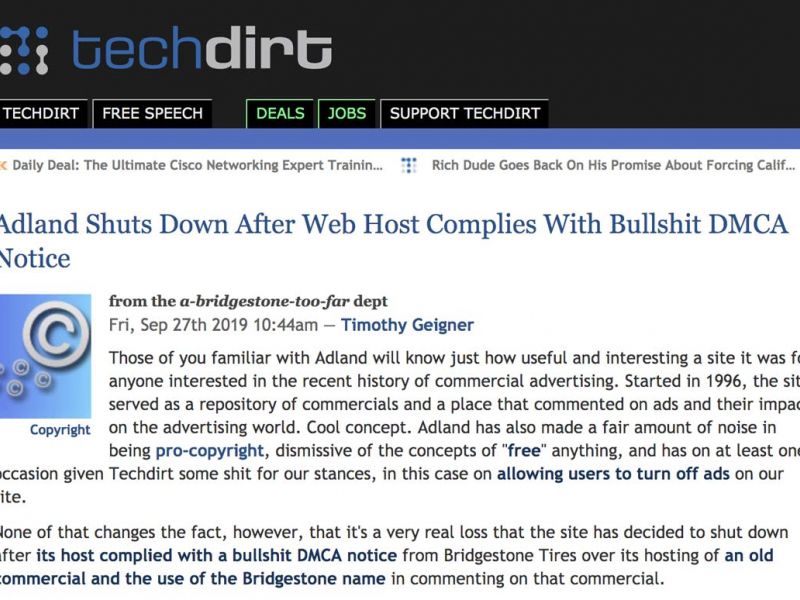 Techdirt \u0026quot;Adland shuts down after web host complies with bullshit DMCA ...