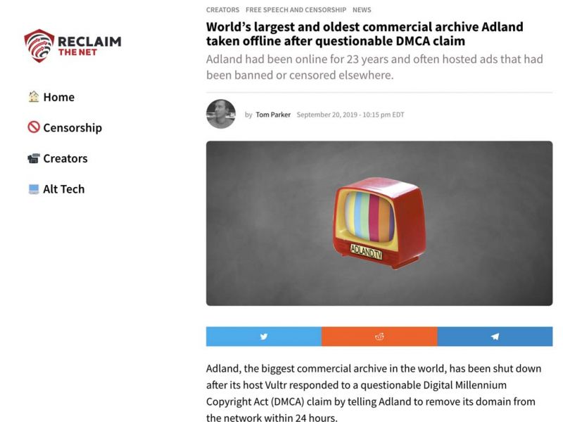 Reclaim: "World’s largest and oldest commercial archive Adland taken offline"