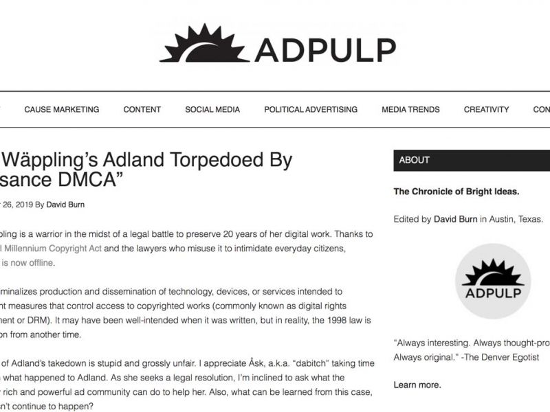Adpulp: Åsk Wäppling’s Adland Torpedoed By “Nuisance DMCA”