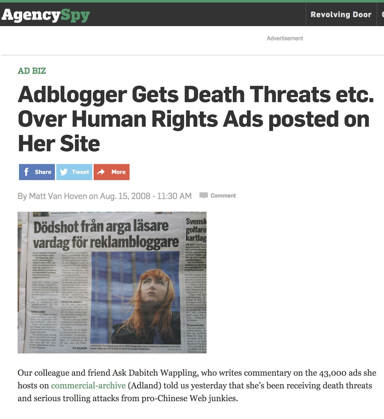 Agencyspy: Adblogger Gets Death Threats etc. Over Human Rights Ads 2008