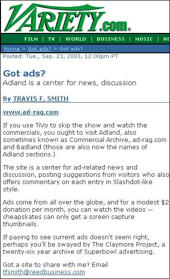 Variety - Got ads? Adland is center for news - September 2003