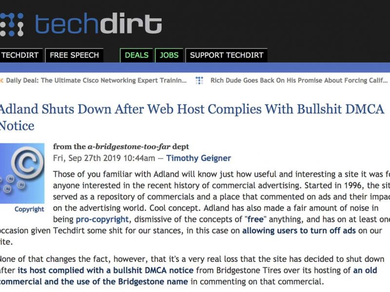 Techdirt "Adland shuts down after web host complies with bullshit DMCA notice"